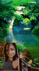 a woman is standing in front of a waterfall with two birds sitting on a bridge .