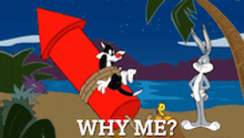 a cartoon of bugs bunny and sylvester on a beach with the words why me on the bottom