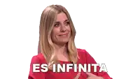a woman in a red shirt says " es infinita " in white letters