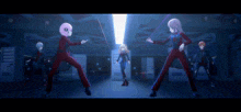 a group of anime characters are standing in a dark room