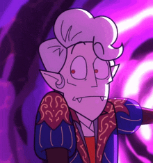 a cartoon character with a purple background and a purple swirl in the background