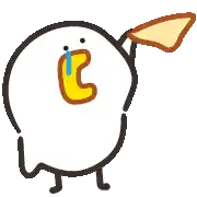 a cartoon duck with a tear running down its face is holding a piece of bread in its beak .