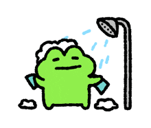 a green frog is taking a shower with a towel on its head .