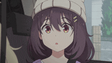 a girl with purple hair wears a white hat