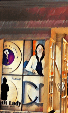 a painting of a woman standing in front of a door that says hr lady