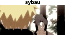 a cartoon of a man standing next to another man in a forest .