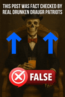 a skeleton in a suit and bow tie is holding a glass of orange juice and a red button that says false