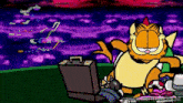 a cartoon of garfield sitting next to a briefcase with a purple background