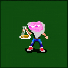 a pixel art of a green object with a pink swirl around it
