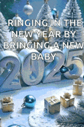 a new year greeting card with the words `` ringing in the new year by bringing a new baby '' .