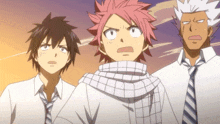 a group of anime characters are standing next to each other and one of them has a scarf around his neck