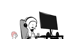 a black and white drawing of a person sitting at a desk