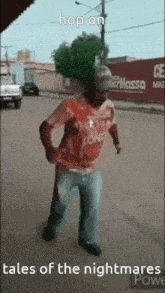 a man is walking down the street with a tree on his head and the words hop on tales of the nightmares below him