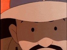 a close up of a cartoon character 's face wearing a hat and a mustache .