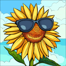 a sunflower wearing sunglasses looks like it is smiling
