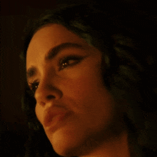 a close up of a woman 's face with a slight smile on her face