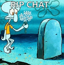 squidward from spongebob squarepants is holding a bouquet of flowers in front of a tombstone .