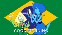 a cartoon of peridot and lapis lazuli standing next to each other on a brazilian flag .