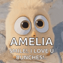 a cartoon owl with big eyes says amelia smile i love u bunches .