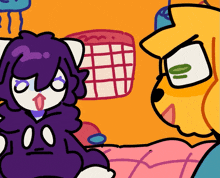a cartoon drawing of a purple cat and a yellow bear
