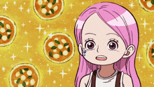 a cartoon girl with pink hair stands in front of a pattern of pizzas
