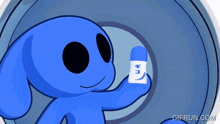 a blue cartoon character with a white star on his head is holding a bottle with the letter m on it