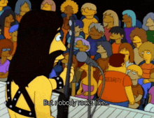 a cartoon character singing into a microphone with the words but nobody rocks like behind her