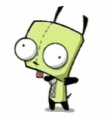 a cartoon character with big eyes is holding a stick and sticking out his tongue .