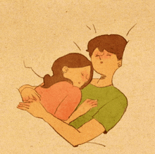 a drawing of a man and woman hugging with the man making a face