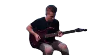 a man in a black shirt is playing a guitar on a white background