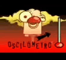 a cartoon character with a red nose is standing next to a thermometer in the dirt .