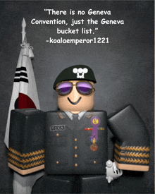 a cartoon of a soldier with the words " there is no geneva convention just the geneva bucket list " on the bottom