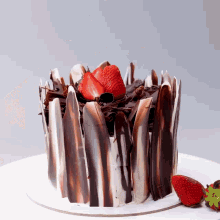 a chocolate cake with strawberries on top is sitting on a white plate
