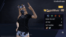 a woman wearing a mask and a cow headband is pointing up at something