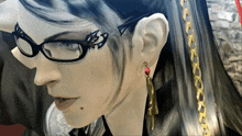 a close up of a woman 's face with glasses on
