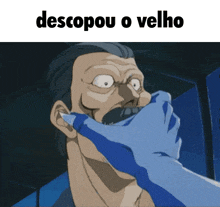 a cartoon of a man with a hand covering his mouth and the words descopou o velho below him