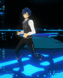 a man with blue hair is kneeling down on a blue stage