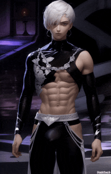 a man with white hair is wearing a black and silver outfit with a necklace around his neck