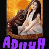 a picture of a woman sitting next to a guitar with the name adiuh on the bottom right