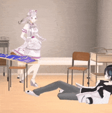 a girl in a white dress stands next to a boy laying on the floor in a room