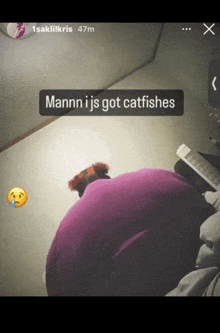 a picture of a person laying on a bed with the caption mann i js got catfishes
