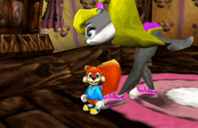 a cartoon of a squirrel wearing a blue jacket and purple shoes