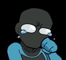 a cartoon character with tears coming out of his eyes is wearing a blue shirt