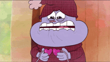 a cartoon character is holding two hearts and a necklace