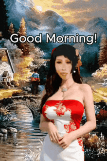 a woman in a red and white dress is standing in front of a painting that says " good morning "