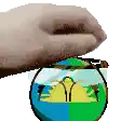 a hand is holding a small globe with a picture of a landscape on it .