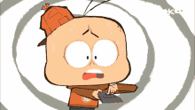 a cartoon character is holding a remote control with the letter k on the bottom left