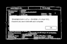 a black and white screen with a message that says it seems you are in love with your computer and an ok button