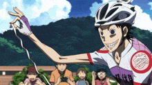 a cartoon character wearing a helmet and a purple shirt with chinese writing