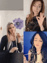 a collage of three pictures of a woman with a flower on the wall behind her